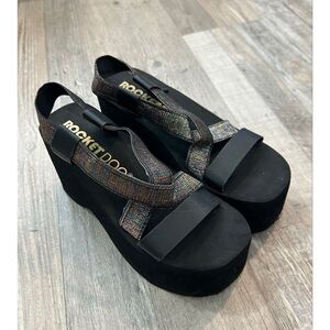 Rocket Dog Bayer Sandals Sz 9 Black Colorful Metallic Chunky Platform Wedge Y2K